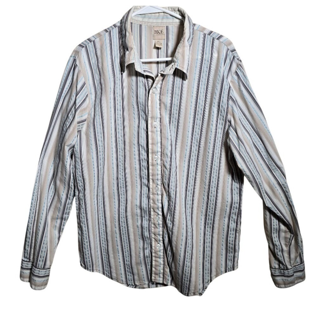 BKE Contour Mens Large Long Sleeve Button Down Shirt Tan Blue Striped Cotton.640